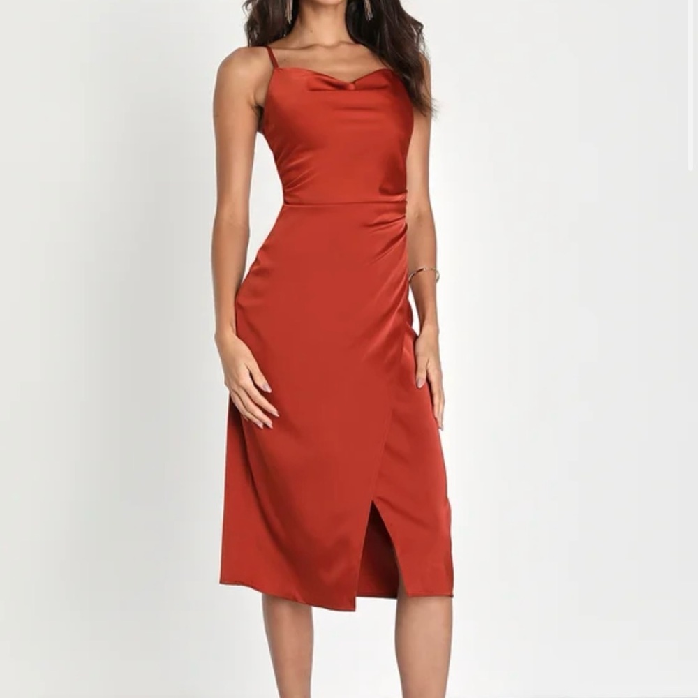 Lulu’s Hollywood Woman Bronze Satin Midi Dress NWOT
